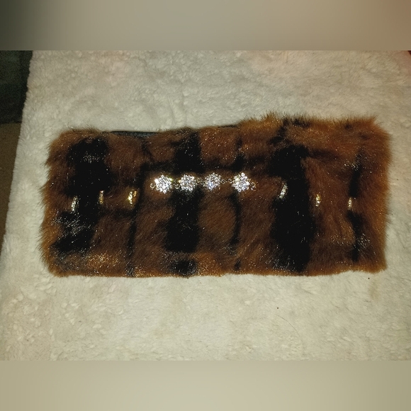 Faux Fur & Leather Crystal Bling Headband - Picture 1 of 2